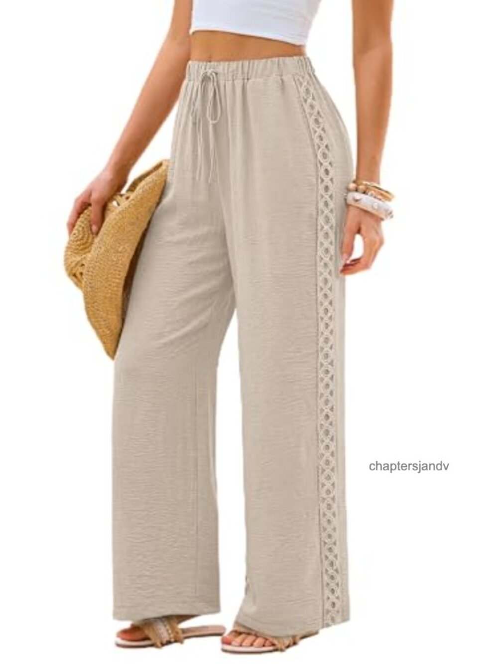 Wide Leg Palazzo Pants Flowy Lace Elastic Waist Pockets Summer Vacation